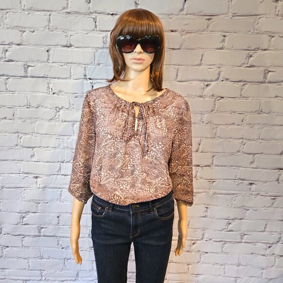 Ann Taylor - LOFT - Long sleeve brown/pink floral sheer blouse - Picture 6 of 9